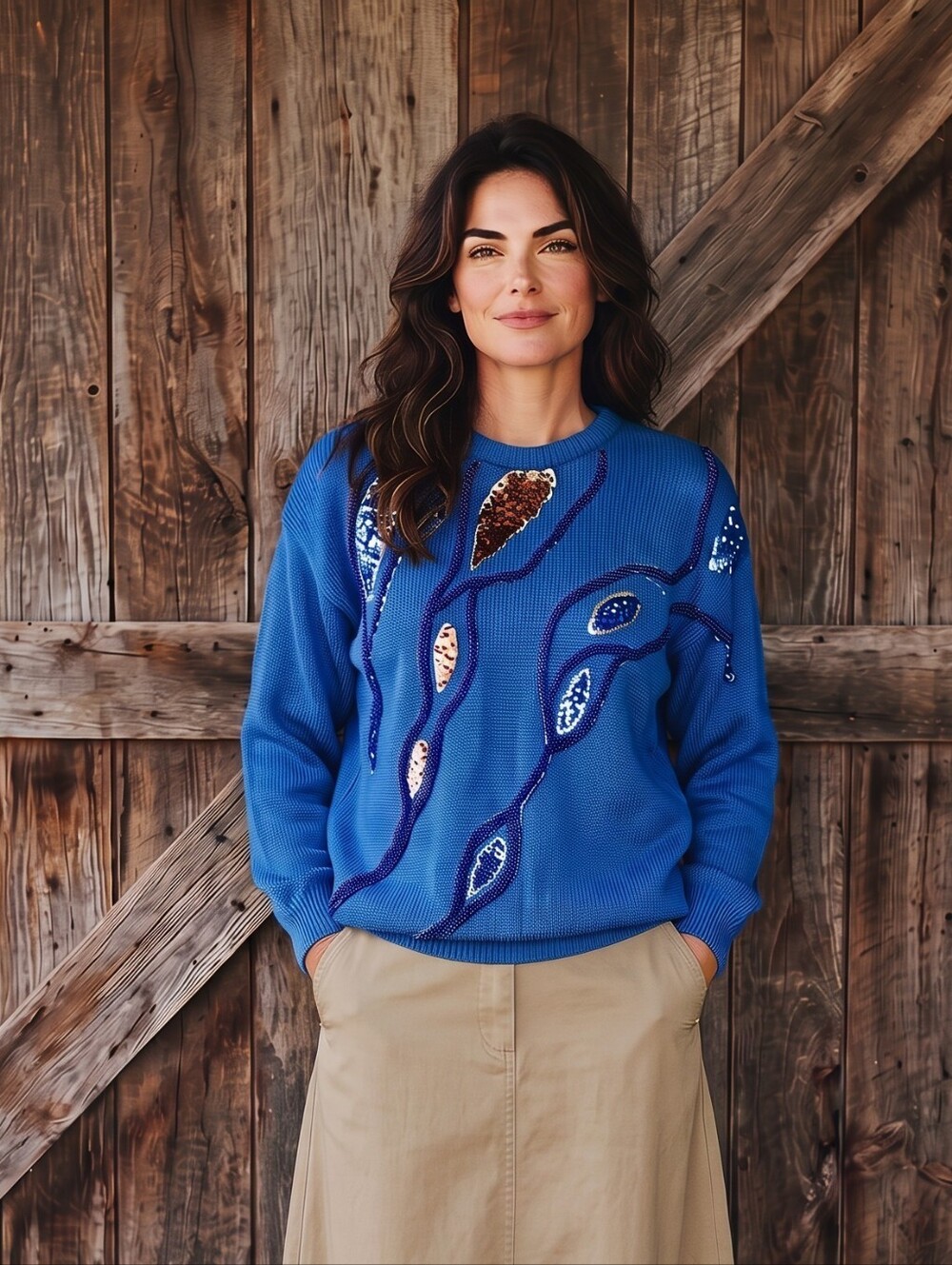 Vintage Cobalt Blue Crewneck Sweater with Beaded Sequin Leaf Accents